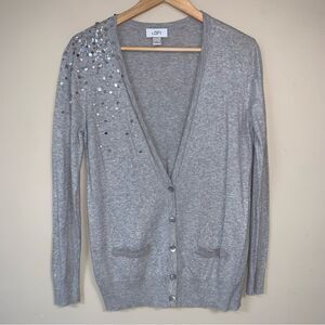 LOFT Gray Gem Cardigan Women’s Large Sweater Button Down Soft Cozy Bedazzled